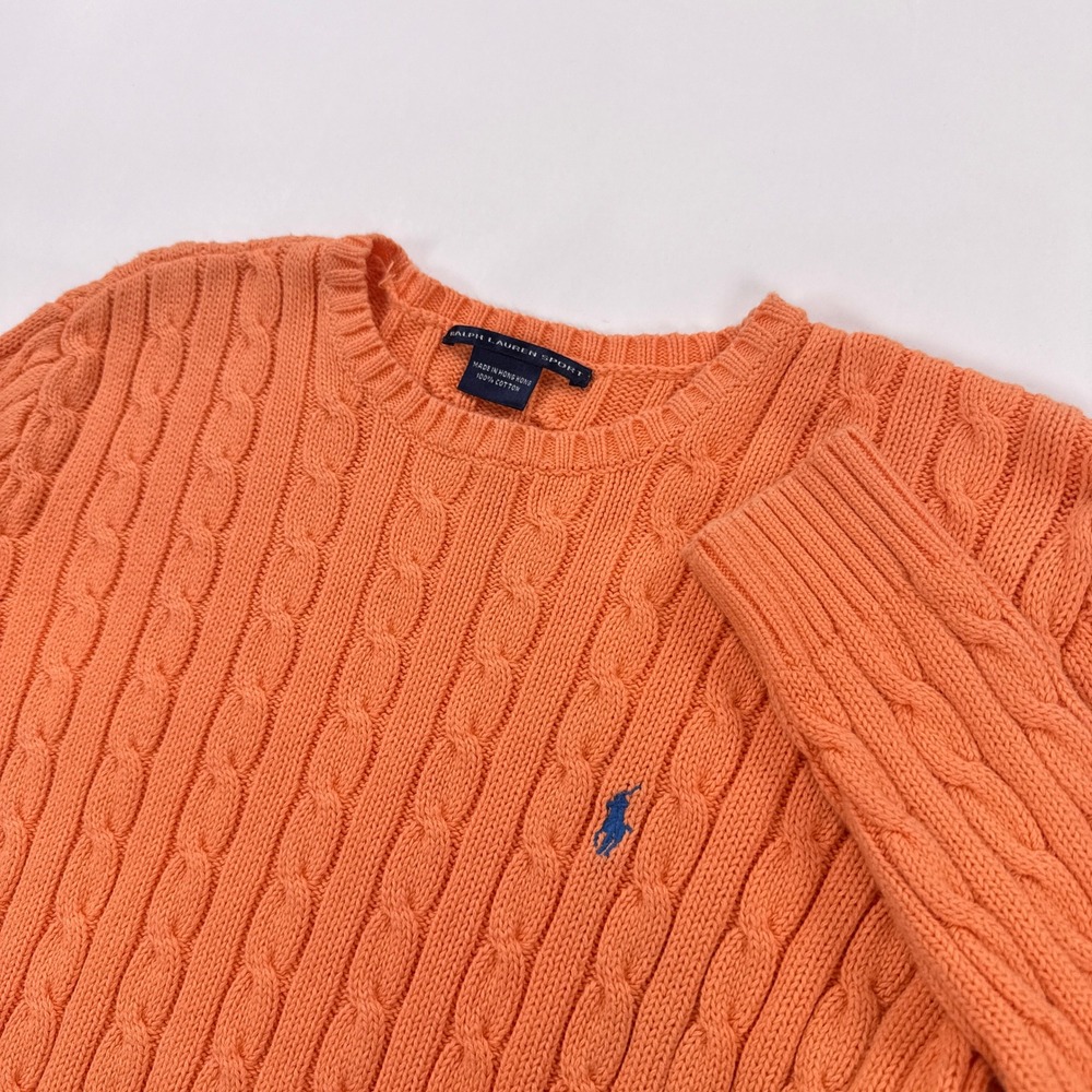 Vintage Ralph Lauren Sport Cable Knit Sweater Womens S Orange Crewneck Cotton